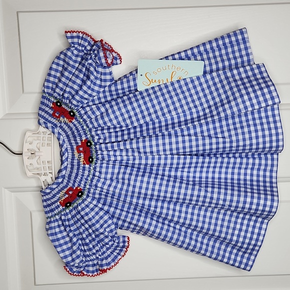 Southern Sunshine Other - Southern Sunshine Fire Truck Smocked Bishop Royal Blue Check Dress 3M NWT